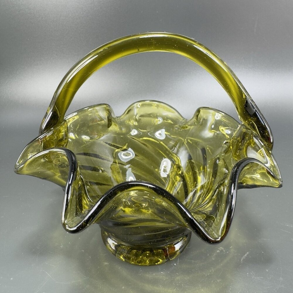 Vintage 1980s Italian Glass Basket Bowl With Handle Green Swirl Optic Pattern